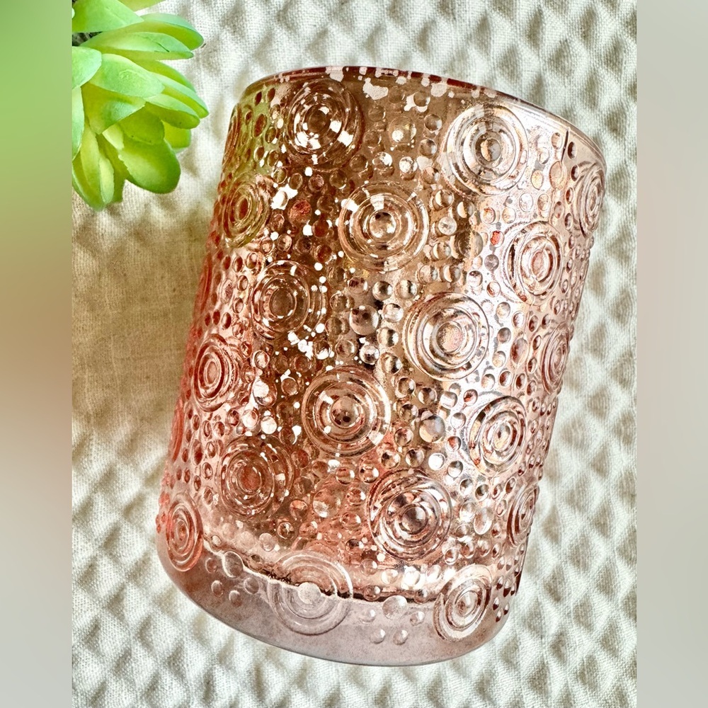 New Large Rose Gold Mercury Glass Circles & Spheres Pattern Candle Holder 4” - Picture 2 of 6